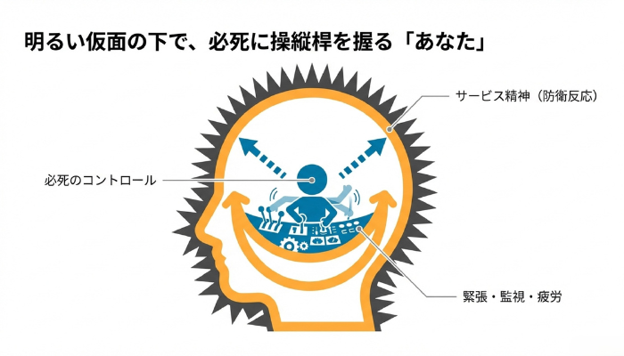 図解：ピエロタイプの二重構造。外側の笑顔の仮面（灰色の枠）の下で、内側の小さく縮こまった自分（青い丸）が必死にレバーを操作して表情を作っている様子。「明るい性格」ではなく、内面の緊張と監視によって作られた防衛反応であることを示す構造図。