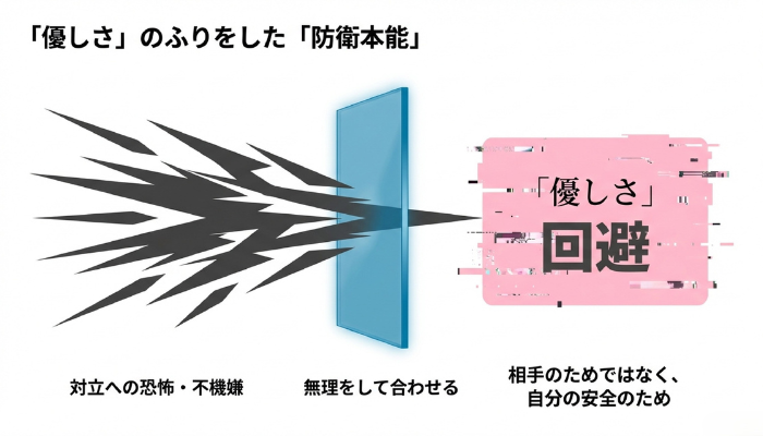 図解：行動動機の変換プロセス。左から迫る「対立への恐怖（灰色のトゲ）」が、フィルターを通すことで「優しさ」というラベルに変換されているが、その影には実体である「回避・逃げ」の文字が透けて見えている。無理をする正体が、愛ではなく恐怖の回避であることを示す図。