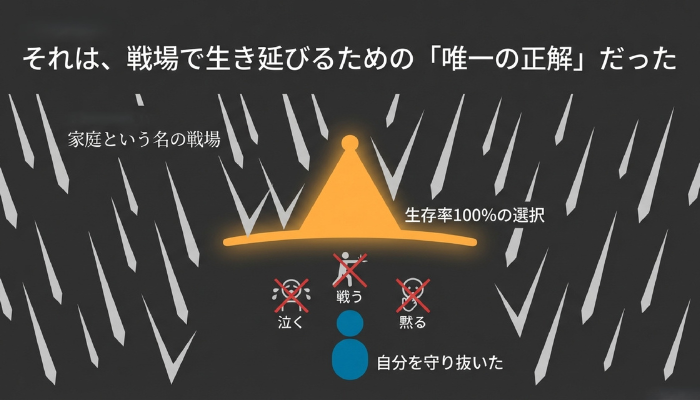 機能不全家族における生存戦略。暗い背景と降り注ぐトゲ（怒り）の中で、泣く・怒るといった選択肢がバツ印で消され、唯一「おどける帽子」だけが光り輝いている。過去の自分にとって、おどけることが生存率100%の賢い選択だったことを示すイメージ図。 