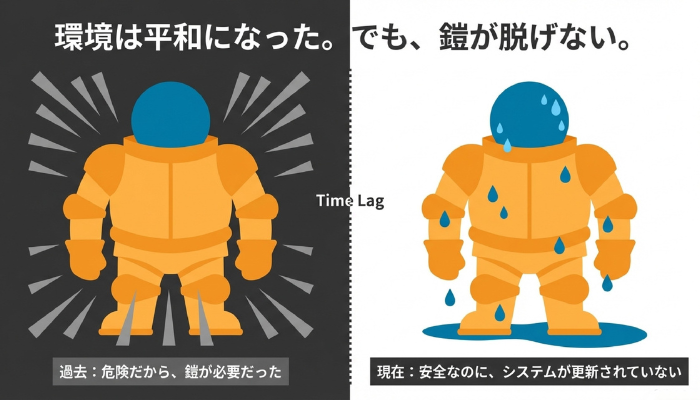 図解：過去と現在の環境不一致。左側の「過去（戦場）」では鎧が必要だったが、右側の「現在（安全な場所）」になっても、重い鎧（ピエロの役割）を脱げずに汗をかいている自分（青い丸）。環境が変わっても、身を守るシステムが更新されずに作動し続けているタイムラグの図。