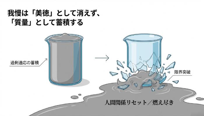 図解：心のエネルギー収支バランスの崩壊。天秤の左側には大量の「気遣い・調整（灰色の重り）」が積まれて沈み、右側には「達成感（青い羽）」が1枚しかない。支点が摩擦で赤く燃えており、見返りのない消耗によって燃え尽き症候群（バーンアウト）になる構造図。