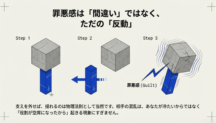 ケアテイカーの回復プロセス図。平坦な「引き受ける道(過去)」と、入り口に罪悪感のゲートがある「手放す道(未来)」の分岐点。罪悪感は正しい道への通過儀礼であることを示すイメージ,。