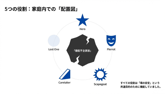 アダルトチルドレン5つのタイプ（ヒーロー・スケープゴート・ロストワン・ピエロ・ケアテイカー）の特徴一覧
