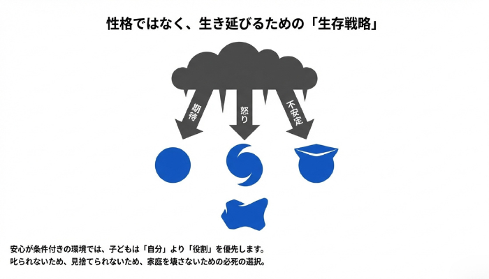 アダルトチルドレン（AC）の定義｜幼少期の家庭環境での適応と大人の生きづらさの関係図